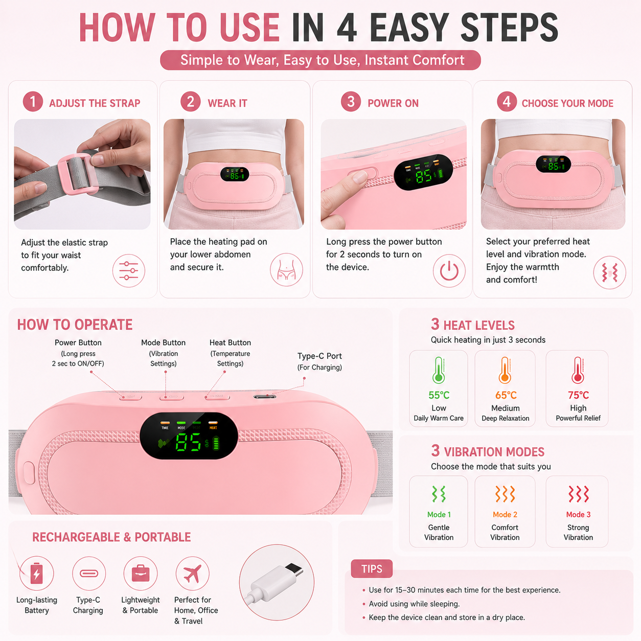 Portable Heating Pad Belt – Rechargeable Heat & Vibration Comfort Belt for Waist & Abdomen
